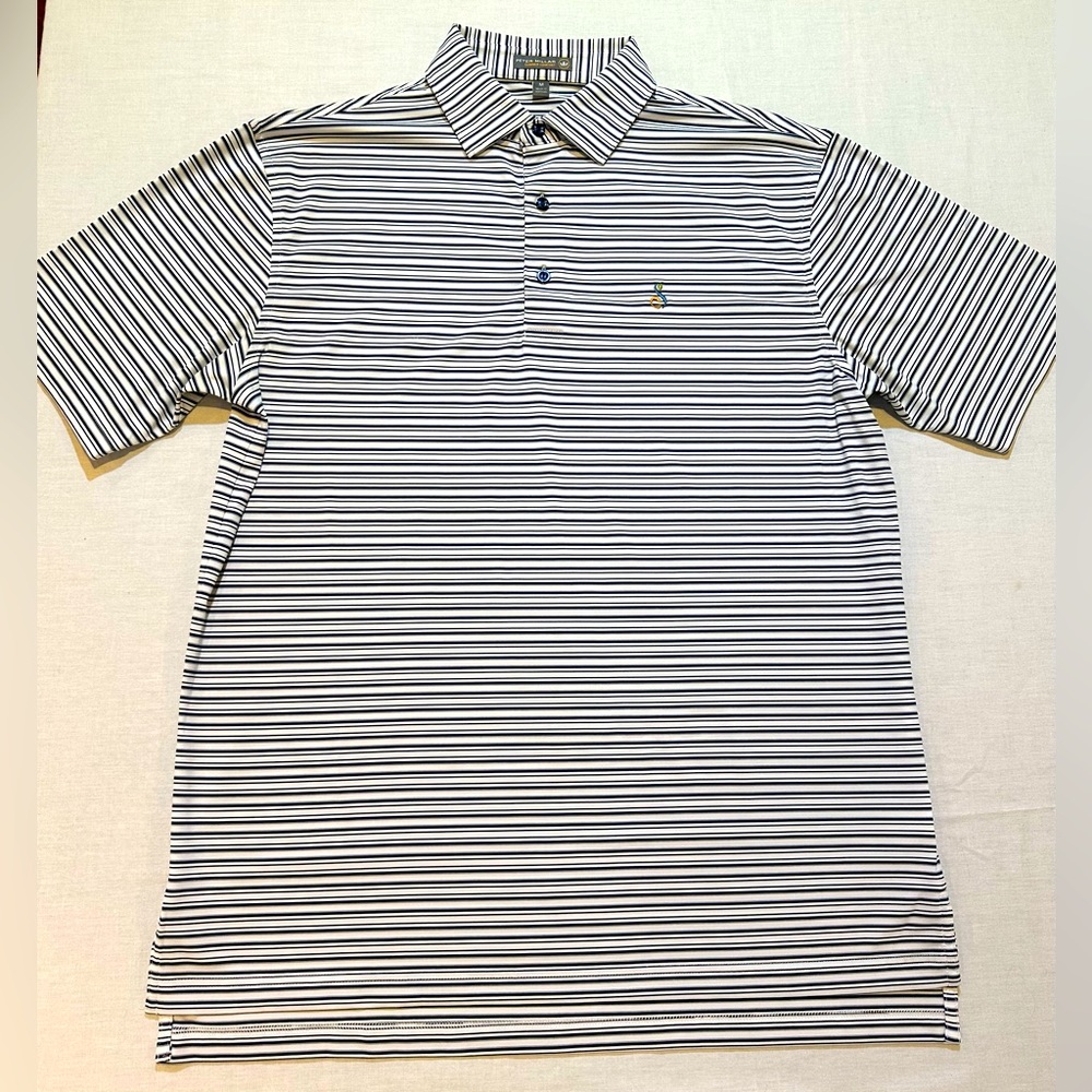 Peter Millar Men’s Striped Polo Shirt Size Medium Streamsong Logo Navy/White GUC